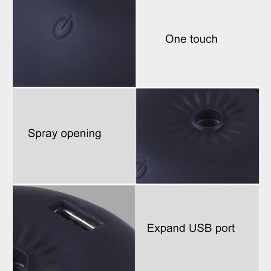 Compact aroma humidifier showing spray opening, one-touch control, and USB port