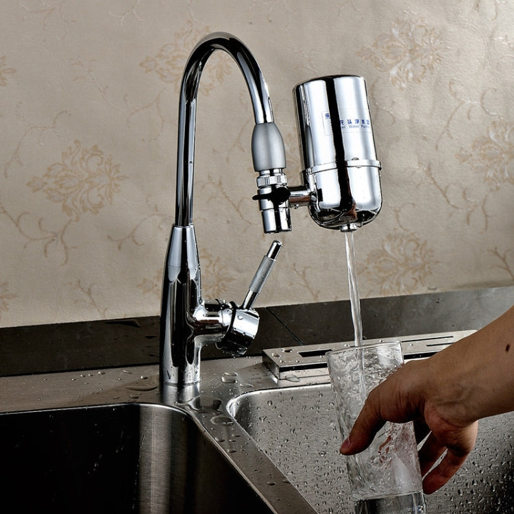 Kitchen faucet water filter purifier with chrome finish and water stream from filter unit