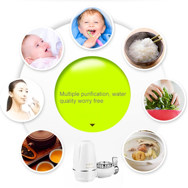 White water purifier with circular icons for purified water use and safety