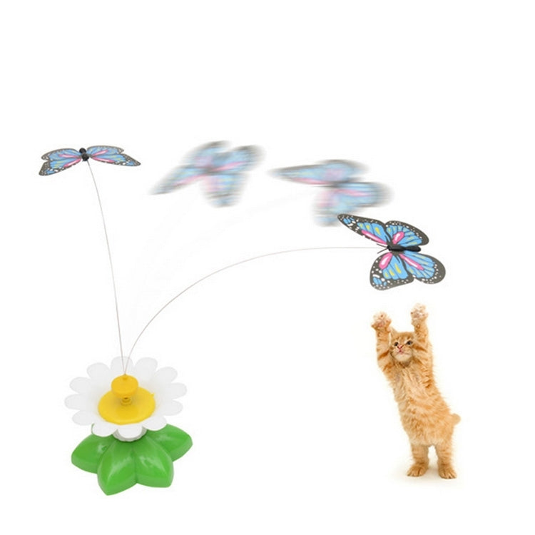 Electric butterfly flying cat toy with flower base, two blue/pink butterflies, and tabby cat