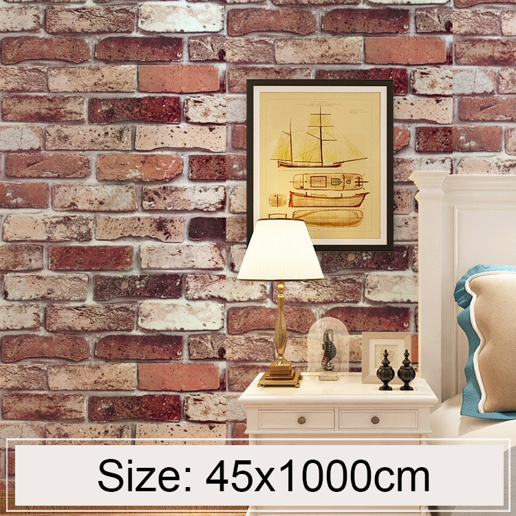 Red and cream faux brick wallpaper on wall, embossed stone-brick texture