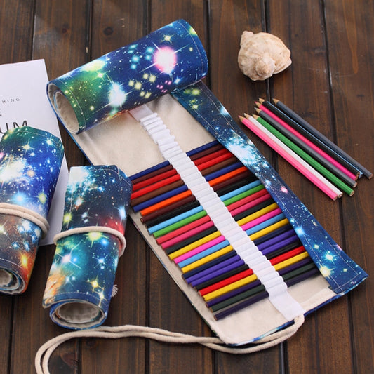 36 Slots Cosmic Galaxy Print Pen Bag Canvas Pencil Wrap Curtain Roll Up Pencil Case Stationery Pouch, 36 Slots