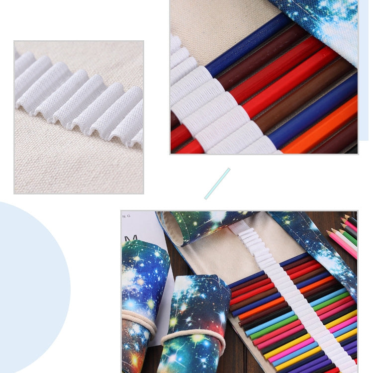 White elastic pencil slot bands inside galaxy print canvas roll pouch, close-up