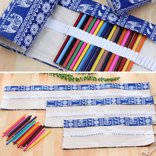 Blue patterned canvas pencil roll-up case showing 72 slots with colorful pens