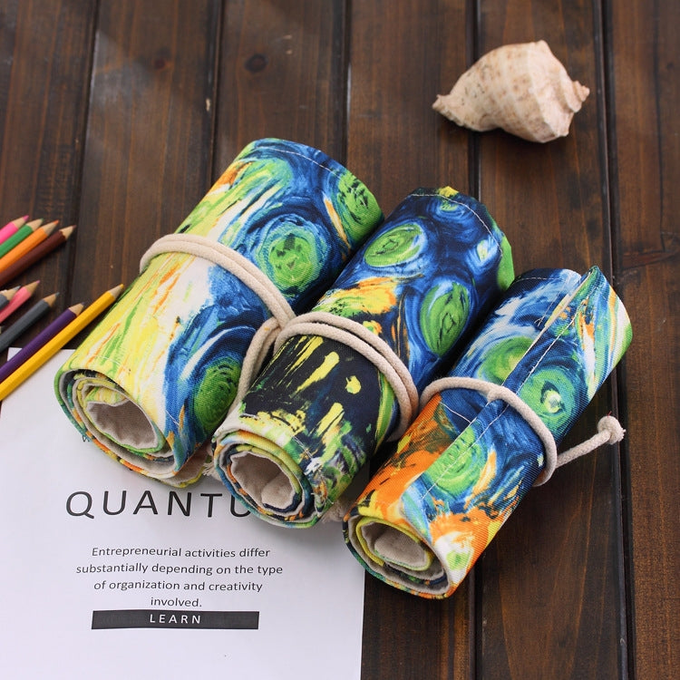 Canvas pencil roll pouch with four painted tube sections and drawstring ties