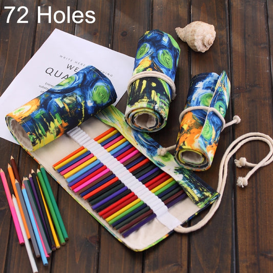 Canvas 72-slot artist pencil roll case with blue-green paint-pattern sleeves