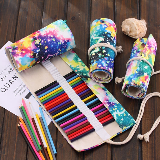 Starry-sky canvas 36-slot pencil roll pouch with rolled pockets and tie cords