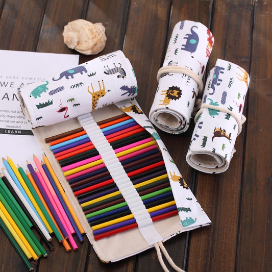 Canvas pencil roll-up case with dinosaur print, open pockets holding multicolor pencils