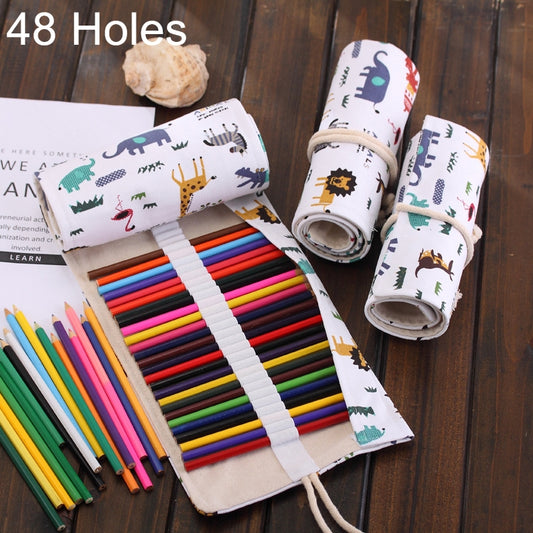 48-slot canvas pencil roll-up case with white dinosaur print and multicolor pencils inside