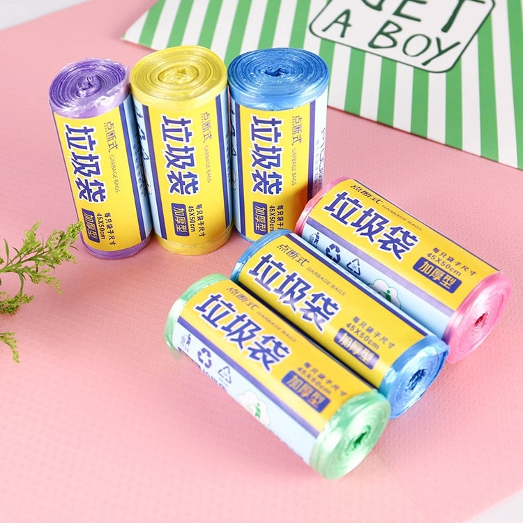 Pack of thick garbage bag rolls in yellow, blue, green, purple, and pink, 45x50cm