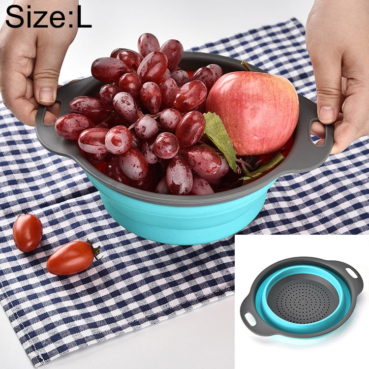 Foldable produce storage basket with handles, holding grapes and an apple; blue base