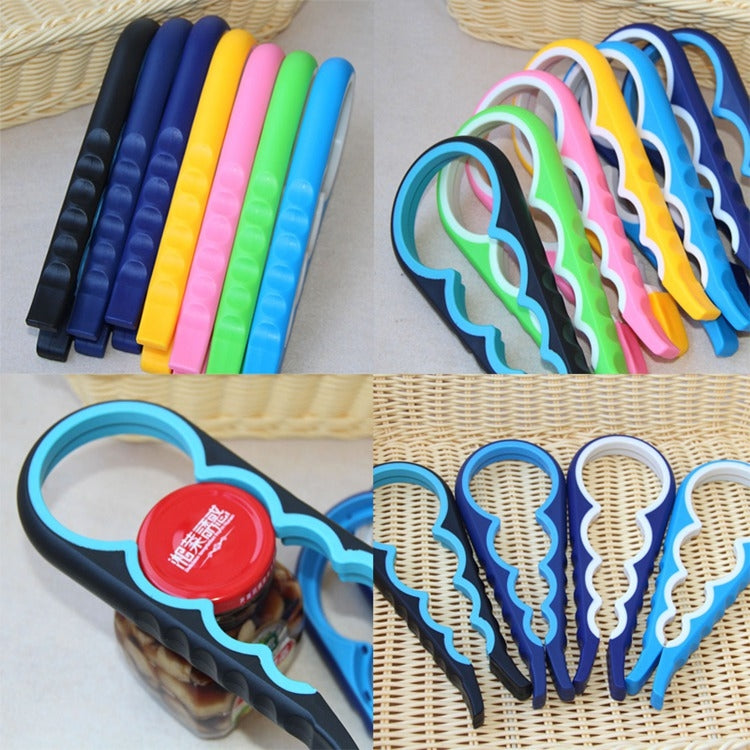 Assorted colorful 4-in-1 bottle opener clips with anti-skid caps arranged in a basket