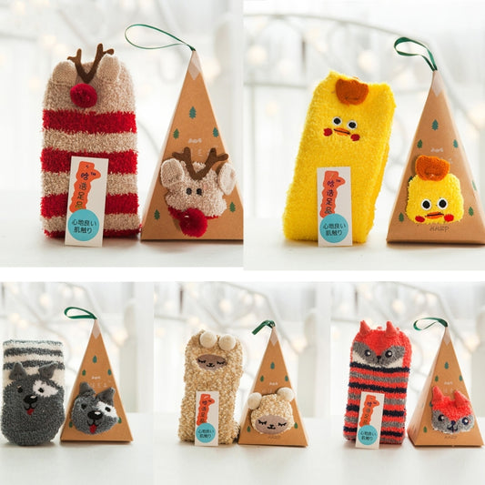 Cartoon animal plush socks gift set in assorted styles, each in a brown hanging box