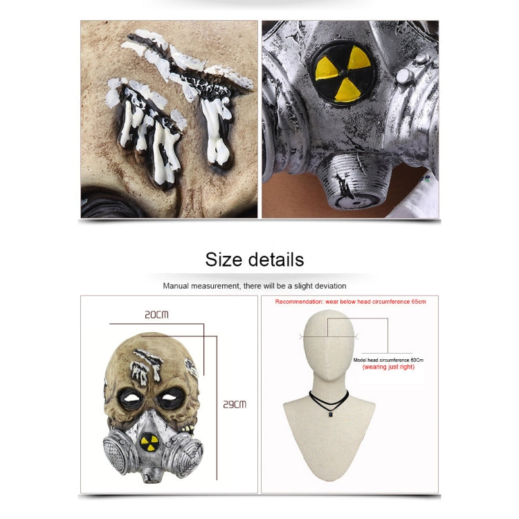 Gas mask size details chart with skull mask photos and measurement guide