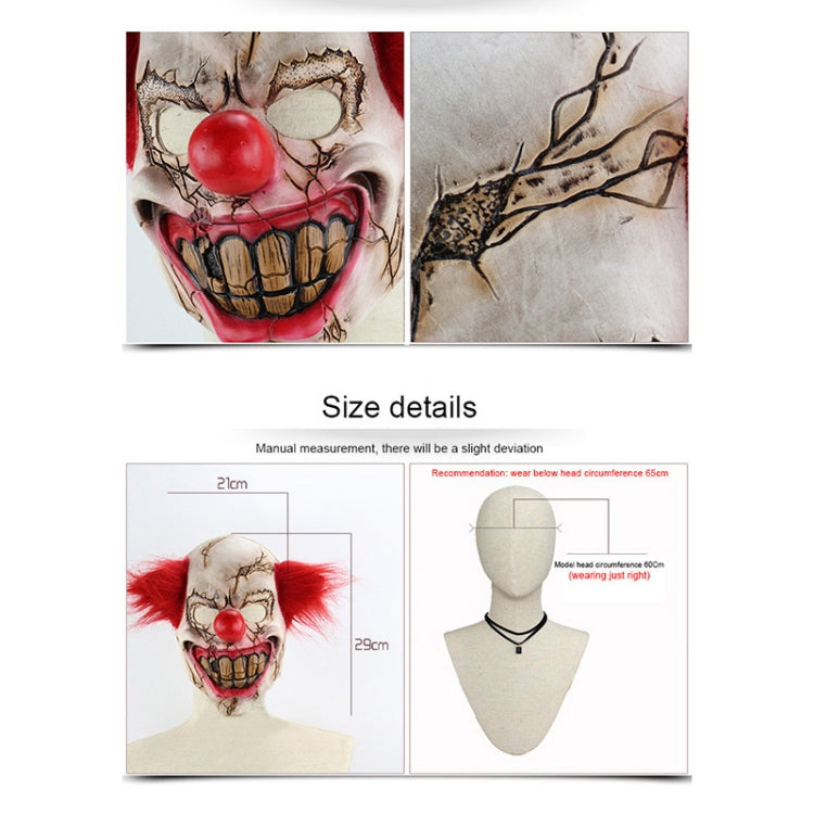 Clown latex mask with red nose on packaging with size detail diagrams
