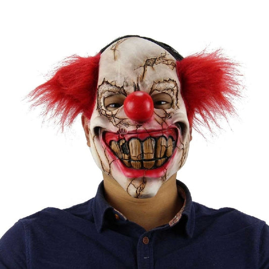 Bald clown latex horror mask with red nose, grinning teeth, and red hair tufts