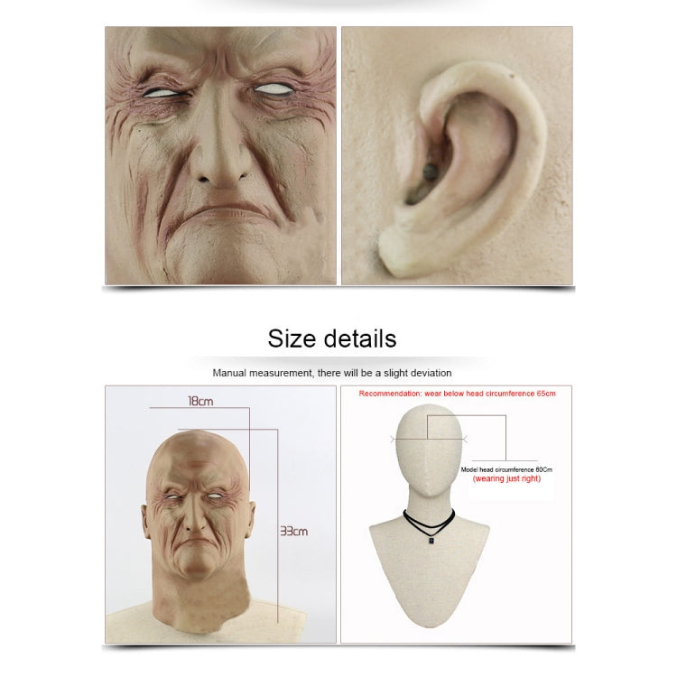 Latex underworld boss fright mask size guide panel with ear and face closeups