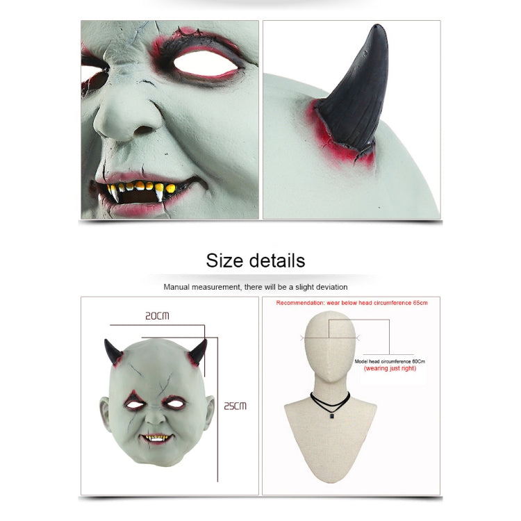 Devil vampire latex mask size details card with front and side view photos