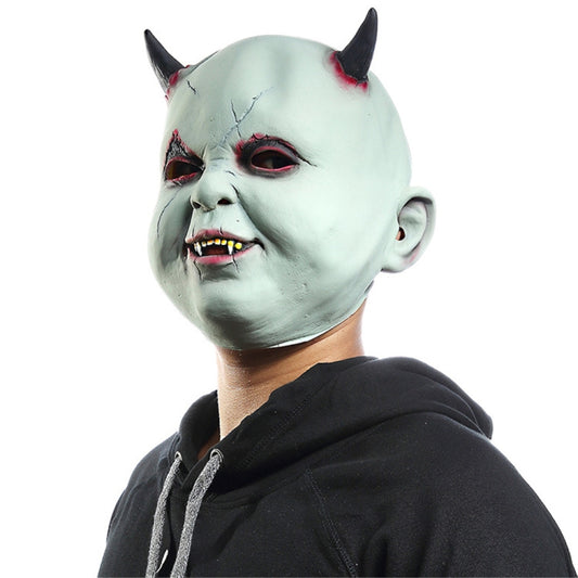 Devil vampire latex mask, pale green with red horns and cracked facial lines