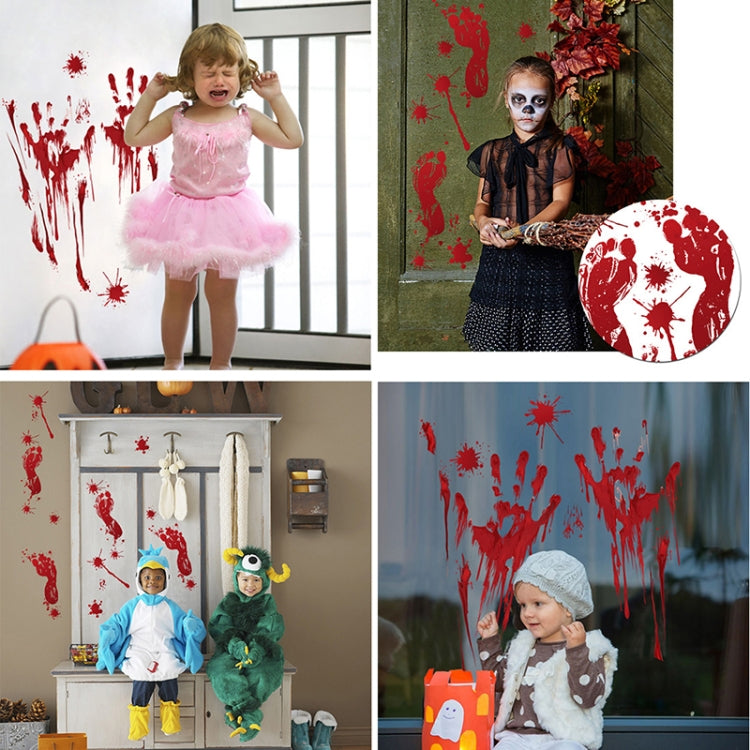 Red blood handprint and drip wall sticker design shown on windows and doors