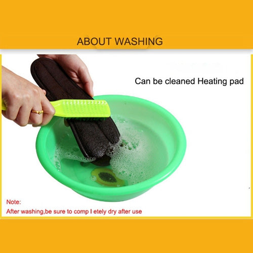 Heated insole pads being cleaned with a brush in a green basin of water