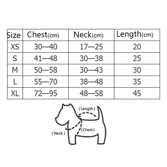 Size chart for dog life vest with chest, neck, and length measurements