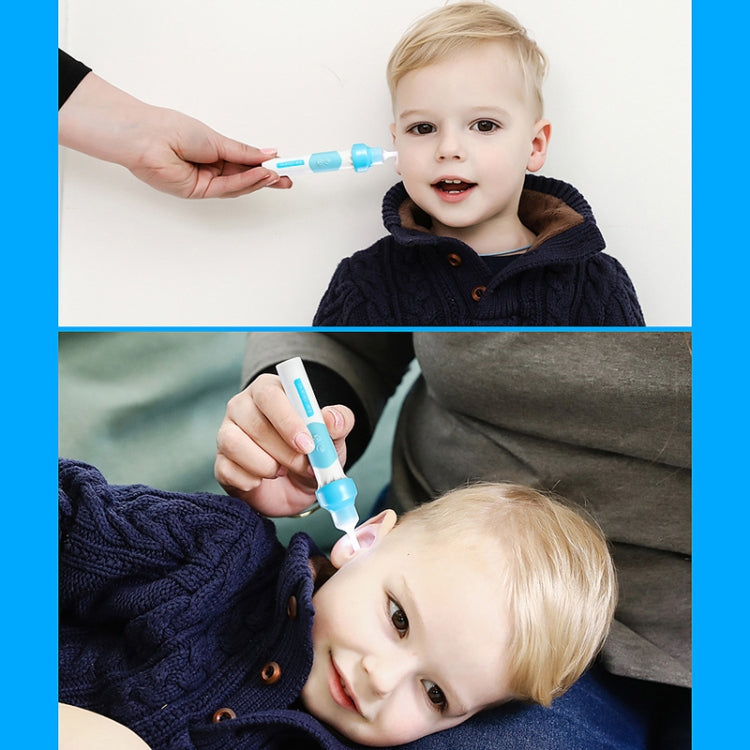 Children electric ear cleaner with light blue handle, used on a child’s ear