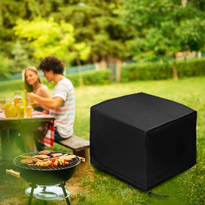 Black cube-shaped outdoor furniture protective cover bag with drawstring cord
