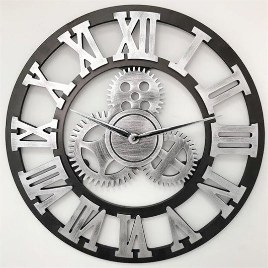 Retro Wooden Round Single-sided Gear Clock Rome Number Wall Clock, Diameter: 35cm, Rome Number 35cm, Rome Number 35cm