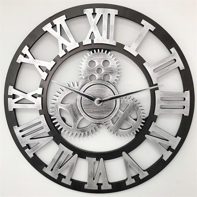 Retro Wooden Round Single-sided Gear Clock Rome Number Wall Clock, Diameter: 40cm, Rome Number 40cm