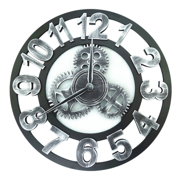 Round wall clock with gear-style face, metal-look numbers 1–12 and inner gears