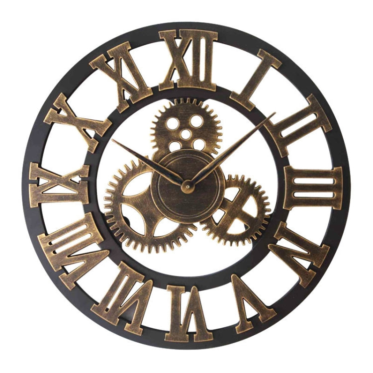 Round wall clock with black face, gold Roman numerals, and gear-style hands