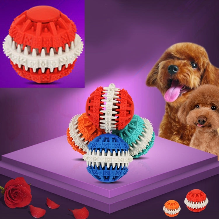 Set of small dog tooth-cleaning rubber ball toys in red, orange, and blue with white bristles