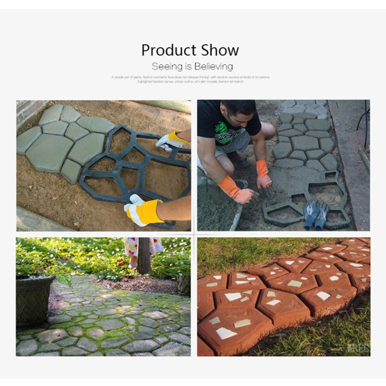 Garden patio walkway with repeating hexagon concrete pavers in pale gray