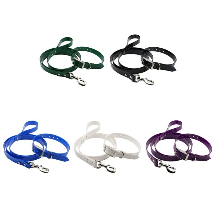 Color assortment of dog traction belts: green, black, blue, white, and purple with clips