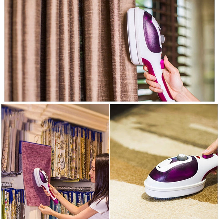 Purple handheld garment steamer in use on curtains and carpet pile, blue handle
