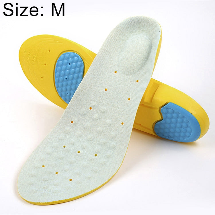 Light gray/white insole pair with blue gel pads and yellow side backing