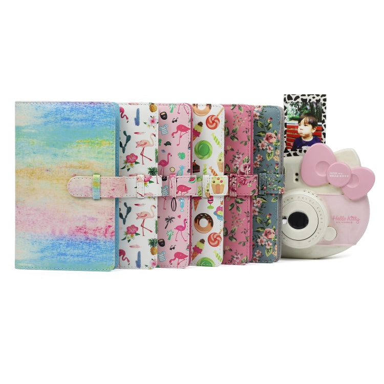 Pink mini PU photo album with patterned covers, showing booklets and a small camera charm