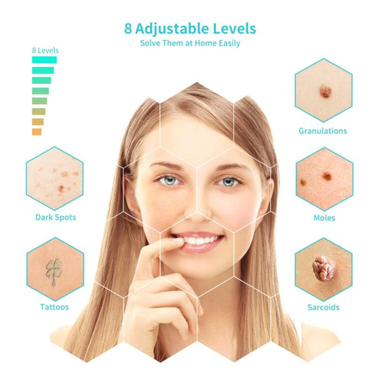 Face treatment guide illustration for a dark spot removal pen with adjustable levels