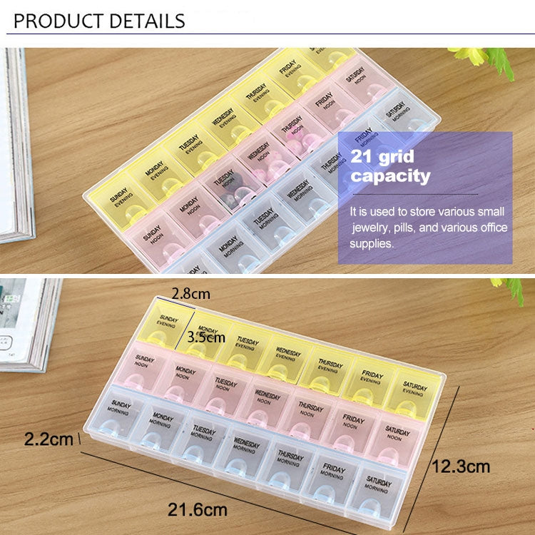 Clear 21-slot pill organizer with color-coded sections for daily morning and evening doses