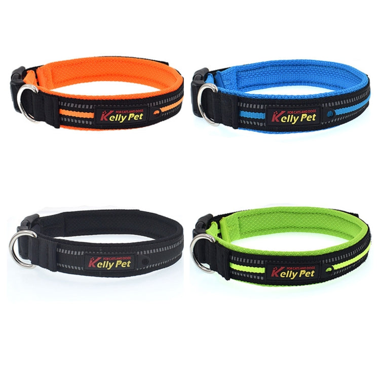 Assorted reflective dog collars in blue, orange, green, and black with D-ring buckle