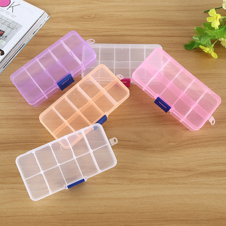 Small plastic grid organizer boxes, 10-slot compartments (purple, pink, blue)