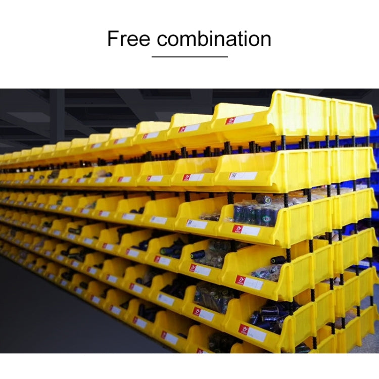Modular plastic storage box rack with long yellow compartments and interlocking connectors