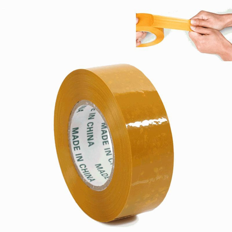 Yellow packing tape roll, 45mm wide and 15mm thick, side view of wound tape