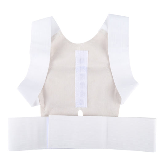 Cream back brace vest with padded shoulder openings and vertical support panel.