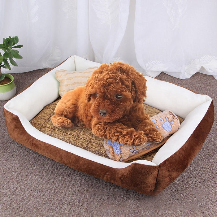 Pet dog bed kennel mat with rattan insert, plush blanket, brown edges, for small pets