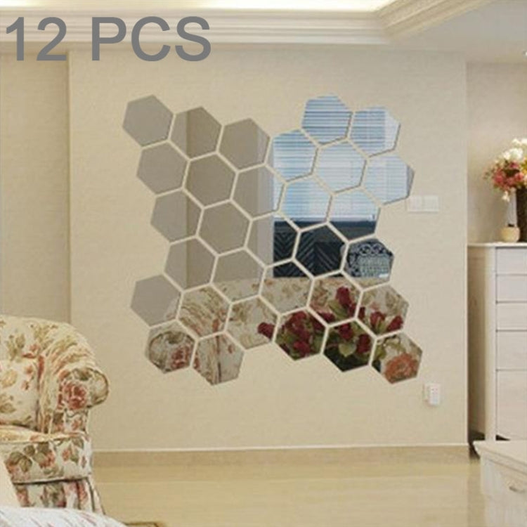 Hexagonal mirror wall stickers with light silver and dark hex reflective tiles
