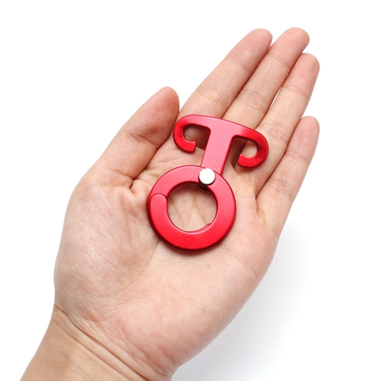 Red rope hanger hook with metal swivel, shown on open hand