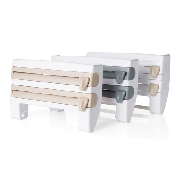 Grey wall-mounted cling film holder with two beige levers and wrap support rails