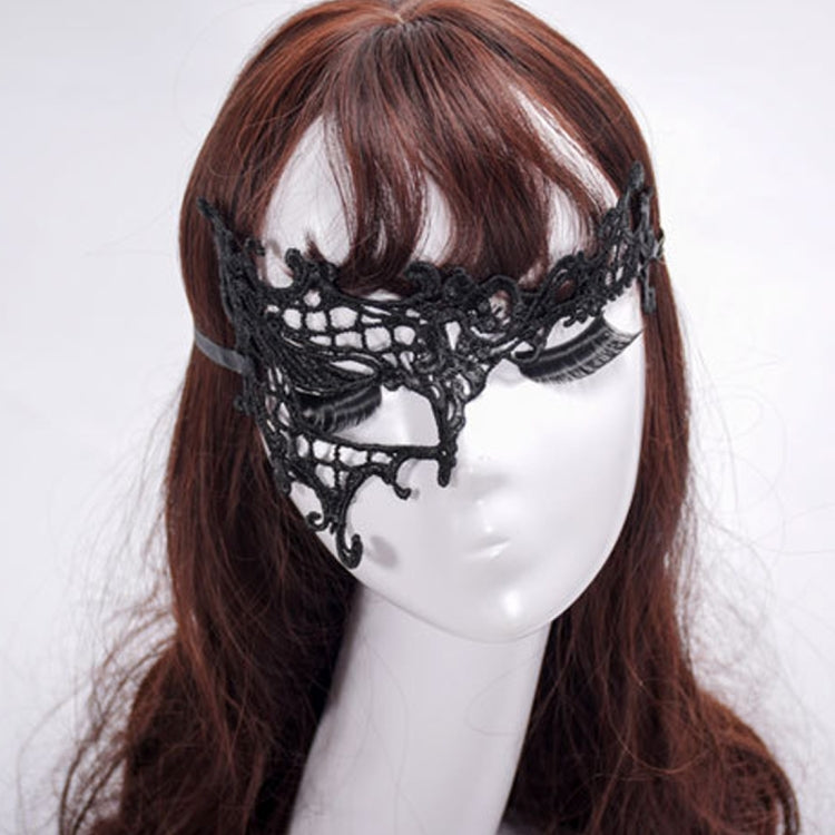 Black semi-eyed lace masquerade mask on mannequin head with eye cutouts